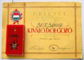 1989 Kiváló dolgozó kitüntetés eredeti dobozban, adományozó oklevéllel T:1