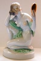 Herendi jelzéssel ellátott tükörben szépítkező női akt porcelán dísz / Herendi chinaware figure 23 cm