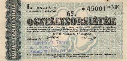 1950 Lottó Nemzeti Vállalat osztálysorsjáték 3 db sorsjegy 1., 2., 3., osztály