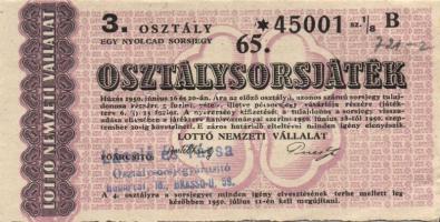 1950 Lottó Nemzeti Vállalat osztálysorsjáték 3 db sorsjegy 1., 2., 3., osztály