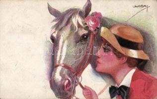 Italian art postcard, Lady with horse 'Erkal No. 328/5.' s: Usabal, Olasz művészlap, Hölgy lóval 'Erkal No. 328/5.' s: Usabal