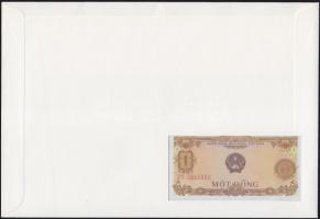 Vietnam 1976. 1D dekoratív, nagyalakú bankjegyes, bélyeges borítékon, bélyegblokkal, alkalmi bélyegz...