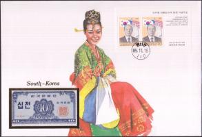 Dél-Korea 1962. 10J dekoratív, nagyalakú bankjegyes, bélyeges borítékon, bélyegblokkal T:I