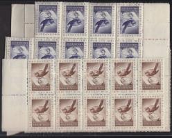 1951 80 éves a magyar bélyeg Bélyegkiállítás levélzáró ívdarabok 4 klf színben + 1959 Levélbélyeggyűjtők első hazai egyesülete 75. éve emlékére 3 klf színű levélzáró négyestömb