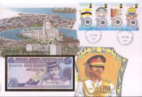 Brunei 1991. 1R dekoratív, nagyalakú bélyeges, bankjegyes borítékon T:I