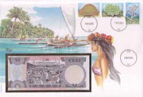 Fiji szigetek 1987. 1$ dekoratív, nagyalakú bélyeges, bankjegyes borítékon T:I