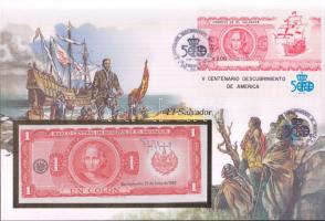 El Salvador 1982. 1C dekoratív, nagyalakú bankjegyes, bélyeges borítékon, bélyegblokkal és alkalmi bélyegzővel T:I