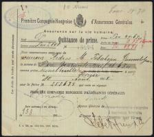 1908 A Magyar Általános Biztosító Konstantinápolyban kiállított életbiztosítási díjnyugtája 2 db török okmánybélyeggel / Insurance bond of Hungarian insurance company with 2 Turksh document stamps