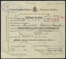 1908 A Magyar Általános Biztosító Konstantinápolyban kiállított életbiztosítási díjnyugtája 2 db török okmánybélyeggel