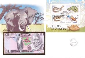 Zambia 1986-88. 1K szign.7. dekoratív bankjegyes, bélyeges borítékon, bélyegblokkal T:I