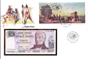 Argentína 1983-84. 5P dekoratív bankjegyes, bélyeges borítékon, bélyegblokkal T:I