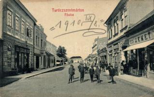 Túrócszentmárton main street with the shops of Lajos Fischer and J. Kmet (EK)