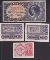 Kis vegyes tétel benne: emlékérem, kitűzők,Osztrák-Magyar Bank 1922. 10K (2x) T:II, 1922. 2K T:II, 1946. 10000MP T:III+