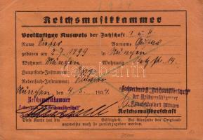 Deutsches Reich 1934-1935 Zenészkamara 2 db tagsági igazolvány tagdíjbélyegekkel/ Reichsmusikkammer 2 Ausweise mit Mitgliedbeitragsmarken