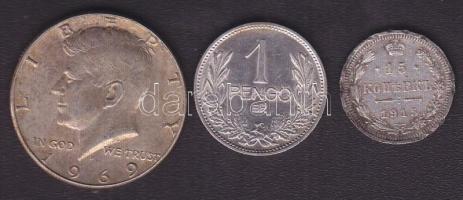 Kis ezüst tétel: 1937. 1P Ag T:2+ + Cári Oroszország 1915. 15k Ag T:3 ph. + 1969D 1/2$ "Kennedy" Ag T:3+