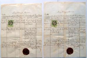 1872 Születési anyakönyvi kivonatok: 2 db a magyaratádi helvét hitvallású egyházmegye anyakönyvéből viaszpecséttel