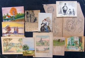 12 db vegyes grafika, akvarell, tollrajz