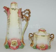 ccí 1900 Finom, kézzel festett olasz porcelán kávés készlet- Kiöntő, cukortartó + 3 csésze aljjal (e...