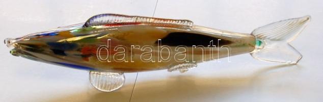 Irizáló festett üveg díszhal (egyik uszony sérült) / Painted glass fish (small damage) 36 cm