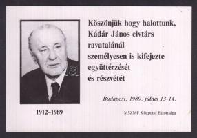 1989. július 13-14.az "MSZMP" Központi Bizottsága által kiadott Kádár János emléklap
