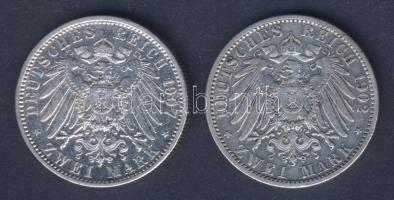 Német Birodalom/Császárság/Poroszország 1902A 2M II.Vilmos Ag + /Württemberg 1907F 2M Ag II.Vilmos T:3+ apró ph.