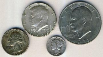 USA 1944. "Mercury Dime" Ag + 1958D. 1/4$ Ag + 1966. 1/2$ Ag + 1971. 1$ T:2,3