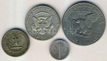 USA 1944. "Mercury Dime" Ag + 1958D. 1/4$ Ag + 1966. 1/2$ Ag + 1971. 1$ T:2,3