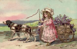Girl, dog carriage litho (small tear)