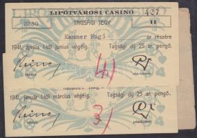 1919. A Tartalékos és Népfelkelő Tisztek és Szellemi Munkás-katonák Országos Egyesülete tagsági jegy + 1941.  Lipótvárosi Kaszinó tagsági jegy 2db