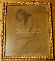 1913 Kacziány Ödön (1852-1933): Ülő női akt grafika, a művész ajánló sorával, jelzett, 45x38 cm