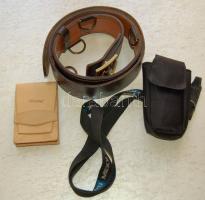 Katonai bőr tiszti derékszíj, egy bőrtok és egy pántos mobiltartó