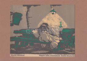 Muhits Sándor (1882-1956): Búsuló juhász - Magyar nóta, linómetszet-papír, 22x30 cm