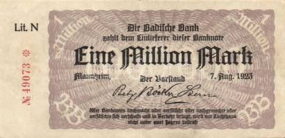 Németország/Weimari Köztársaság/Baden/Badische Bank 1923. 1.000.000M (10x) klf szériabetűkkel! T:III...