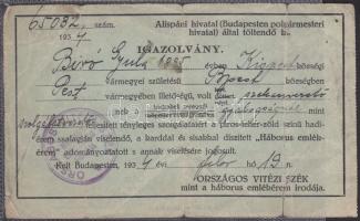 1934 Háborús emlékérem adományozó igazolvány