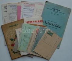 Vegyes nyomtatvány tétel: tagsági könyvek, árlapok, gyásztávirat, betétlapok, gyógyszer megrendelő lapok, számlák