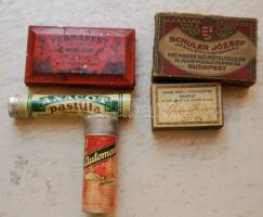 5 db kis dobozka: 2 gyógyszeres, fogkrém poros, tollszár tartó, tintapados