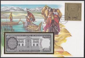 Bolívia 1982. 1000PB dekoratív, nagyalakú bankjegyes, bélyeges borítékon (Nap kapuja sorozat záróbélyeggel) T:I