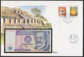 Peru 1987. 10I dekoratív, nagyalakú bankjegyes, bélyeges borítékon T:I
