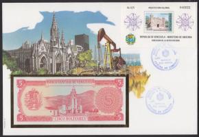 Venezuela 1989. 5B dekoratív, nagyalakú bankjegyes, bélyeges borítékon, bélyegblokkal T:I