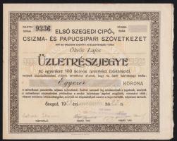 1923. "Első Szegedi Cipő-, Csizma- és Papucsipari Szövetkezet" üzletrészjegye 1000K-ról