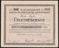 1918. "Első Szegedi Cipő-, Csizma- és Papucsipari Szövetkezet" üzletrészjegye 1000K-ról