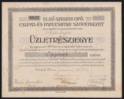 1920. "Első Szegedi Cipő-, Csizma- és Papucsipari Szövetkezet" üzletrészjegye 1000K-ról