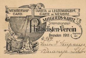 1911. Drezdai Nemzetközi Bélyeggyűjtő Egyesület tagsági kártya/ Internationaler Philatelisten Verein Dresden Mitgliedskarte