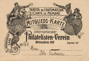 1912. Drezdai Nemzetközi Bélyeggyűjtő Egyesület tagsági kártya/ Internationaler Philatelisten Verein Dresden Mitgliedskarte