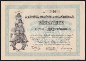 1926. "Almás-Járási Takarékpénztár Részvénytársaság" 20P-ről szóló részvénye