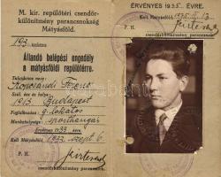 1933 Repülőtéri állandó belépési engedély a mátyásföldi repülőtérre (fényképes igazolvány) / Erlaubnis zum permanenten Eintritt des Mátyásfölder Flughafens (Ausweis mit Foto)