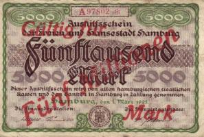 Németország/Hamburg 1923. 5000M "Gültig für Fünf Millionen Mark" felülnyomással T:III
