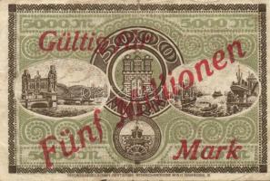 Németország/Hamburg 1923. 5000M "Gültig für Fünf Millionen Mark" felülnyomással T:III