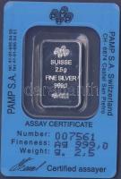 Svájc "PAMP" minősítő intézet által kiadott tiszta Ag 2,5g "Fortuna" rúdezüst ta...