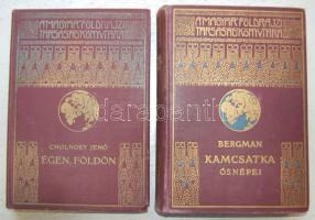 Magyar Földrajzi Társaság Könyvtára: Cholnoky Jenő-Égen, Földön + Bergman-Kamcsatka ősnépei, mindkettő aranyozott kiadói egészvászon kötésben, Lampel és Wodianer, Bp. szép állapotban